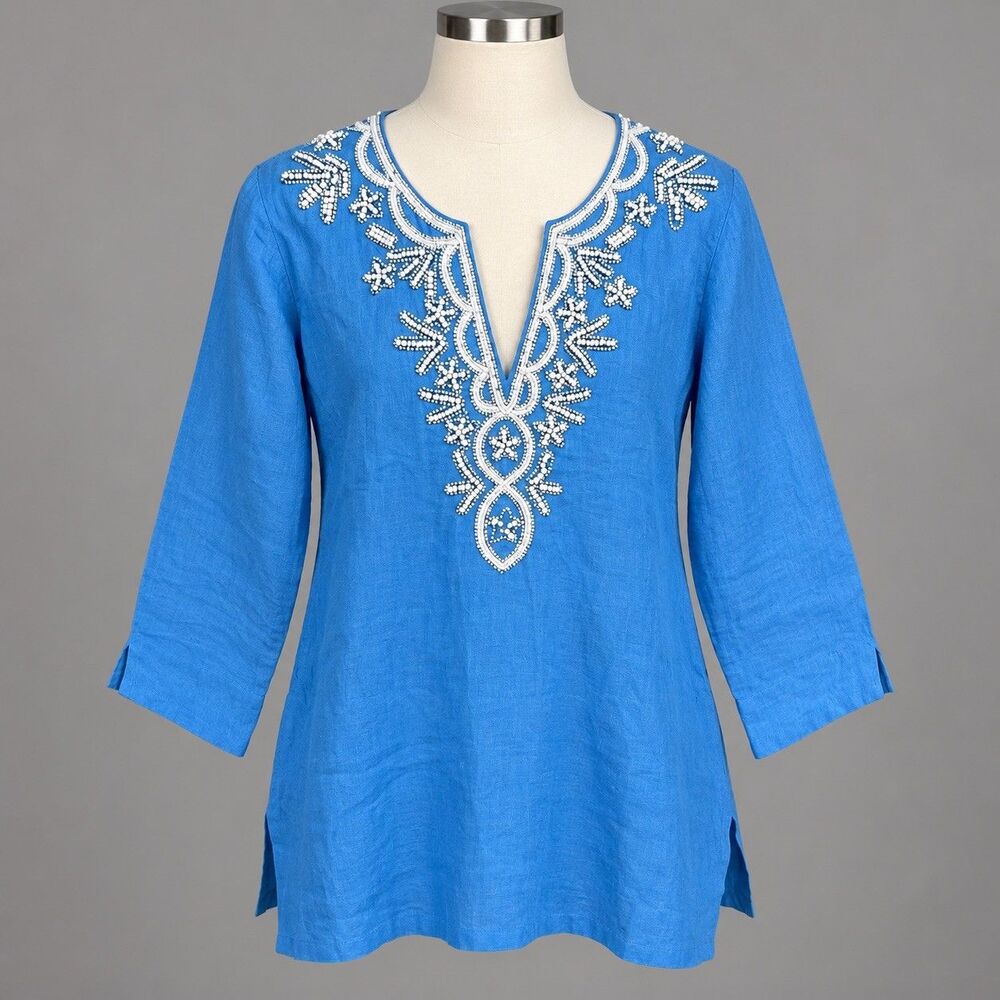 Lilly Pulitzer Amelia Island Blue 100% Linen Embroidered V-Neck Tunic Small Boho